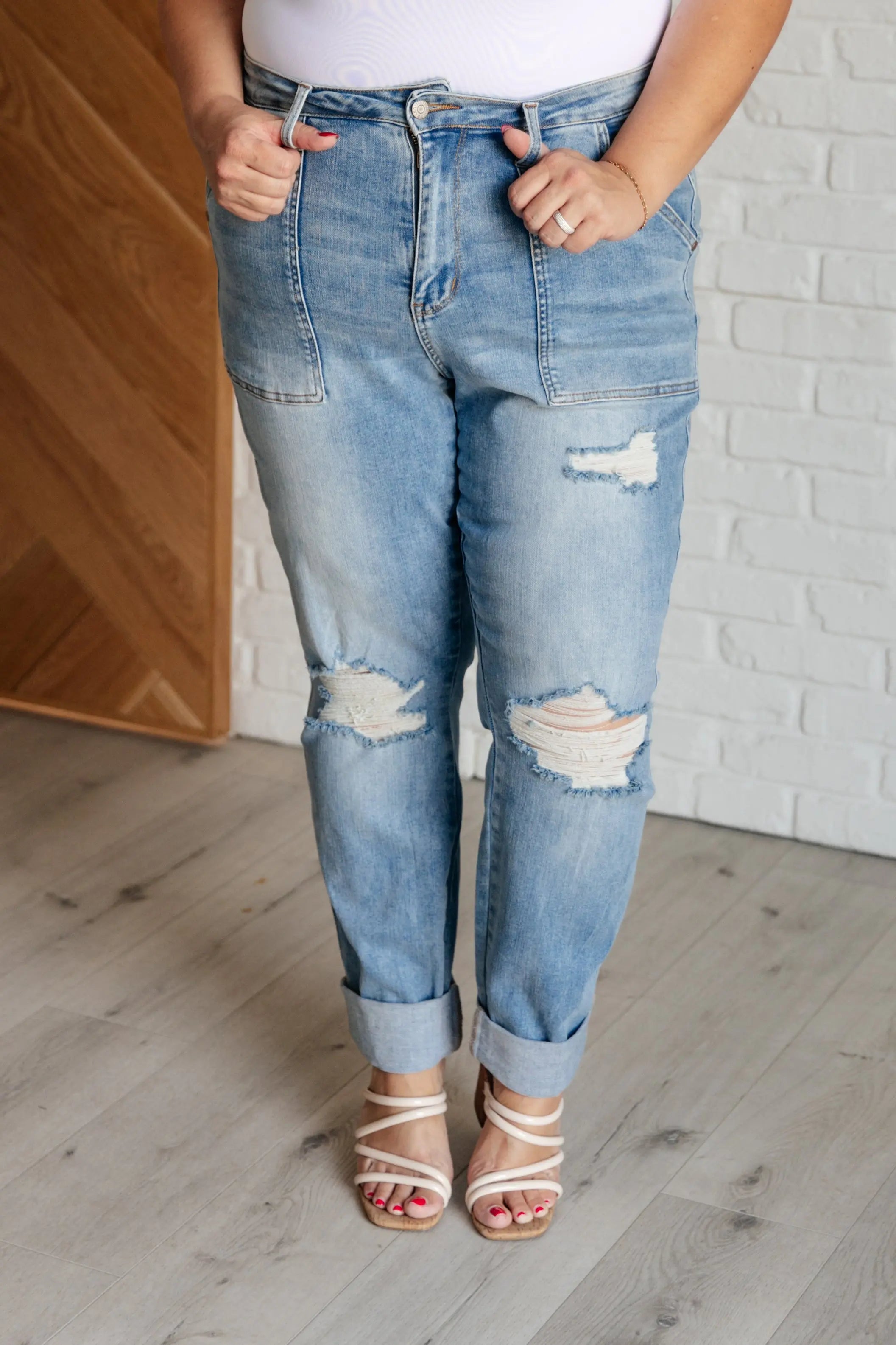 Aiden High Rise Patch Pocket Distressed Boyfriend Jeans Ave Shops