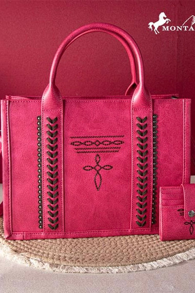 Montana West Whipstitch Concealed Carry Tote With Matching Bi-Fold Wallet - Hot Pink