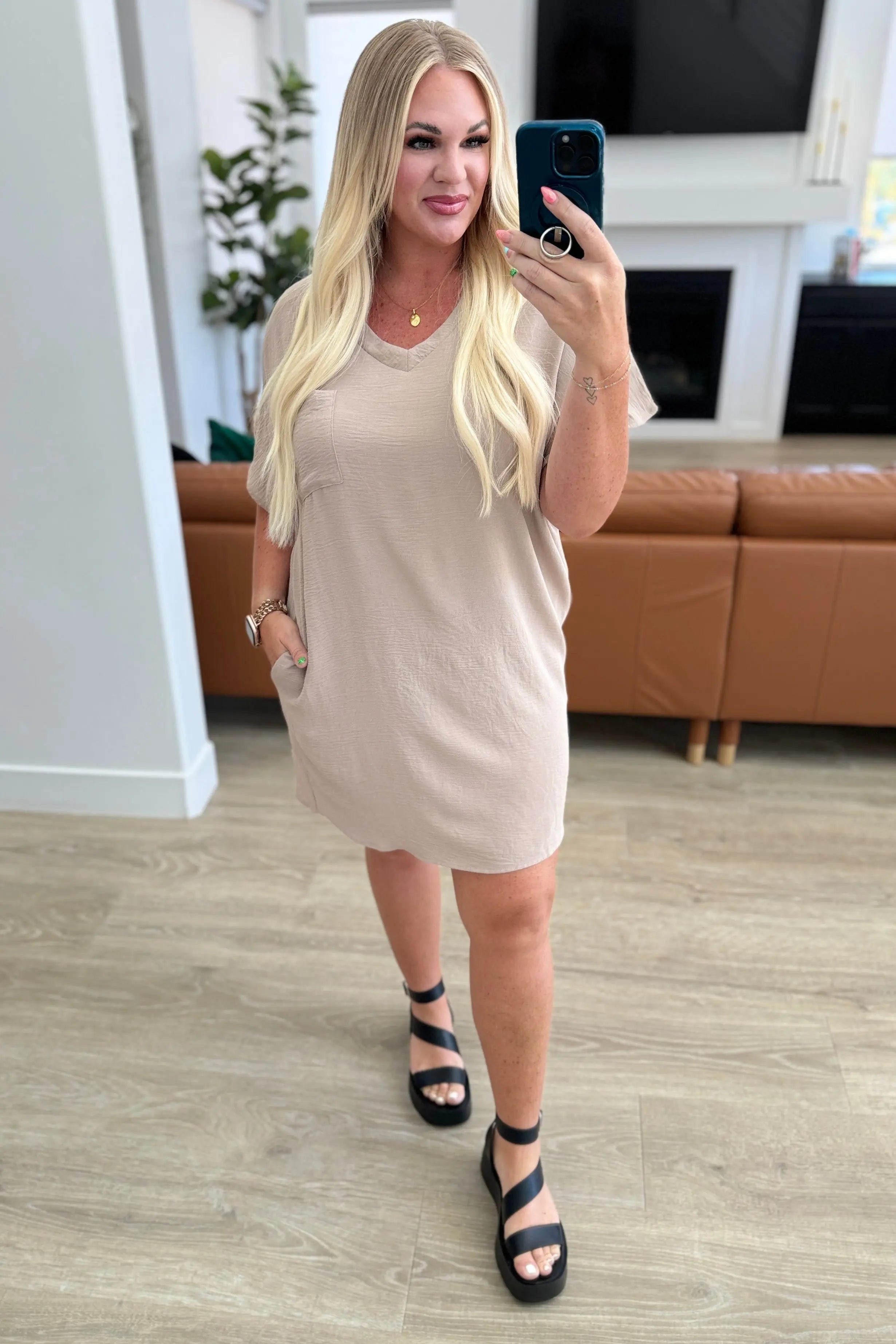 Go-Go Girl V-Neck T-Shirt Dress in Light Mocha Ave Shops