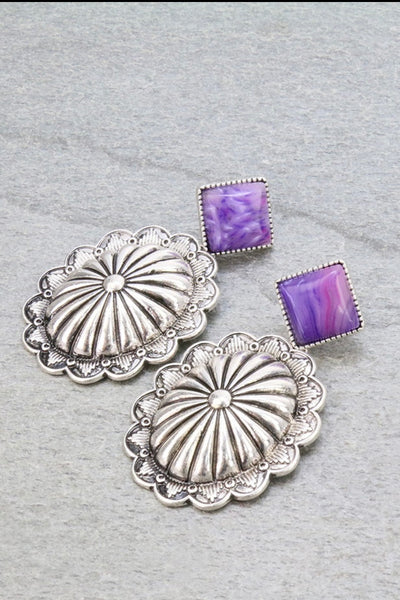 Western Concho with Agate Stone Stud Earrings-Purple