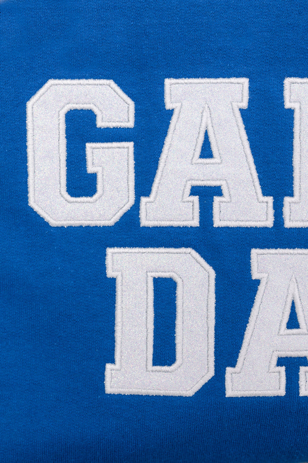 PREORDER: Embroidered Glitter Game Day Sweatshirt in Royal Blue/White