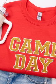 PREORDER: Embroidered Glitter Game Day Sweatshirt in Red/Golden Yellow