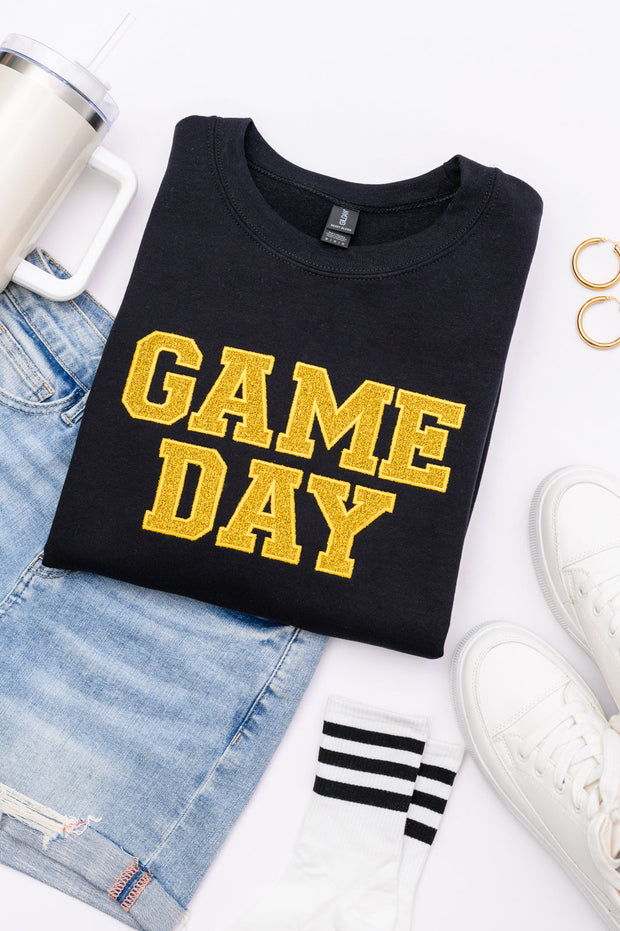 PREORDER: Embroidered Glitter Game Day Sweatshirt in Black/Golden Yellow