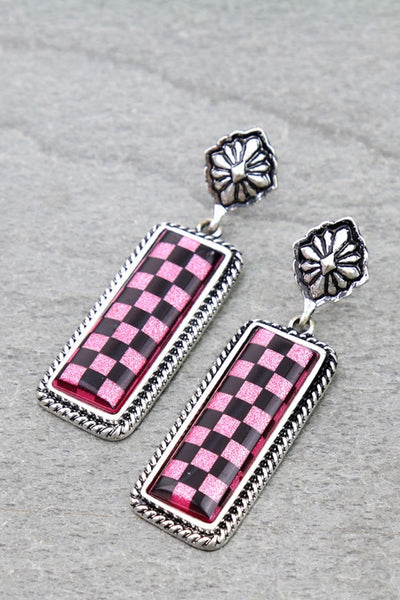 Concho Post Checkered Earrings- PINK