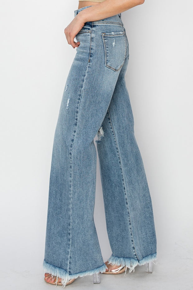 RISEN Mid Rise Button Fly Wide Leg Jeans