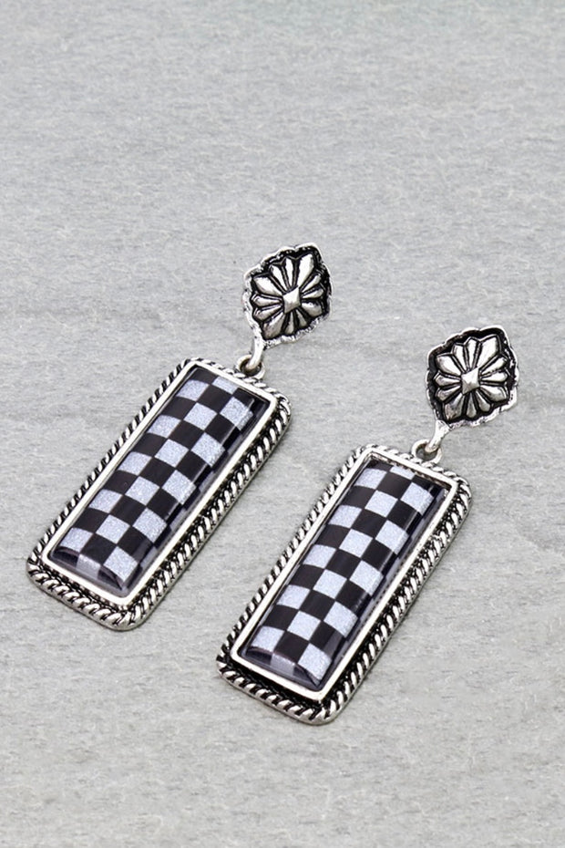 Concho Post Checkered Earrings-BLACK