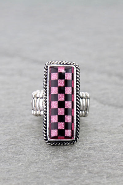 Western Checker Bar Stretch Ring- PINK