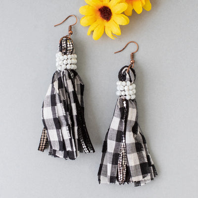 Plaid Tassel Earrings - Black and White