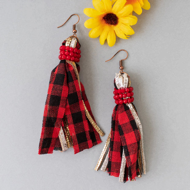 Plaid Tassel Earrings - Red and Black