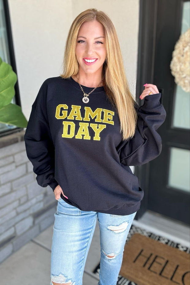 PREORDER: Embroidered Glitter Game Day Sweatshirt in Black/Golden Yellow