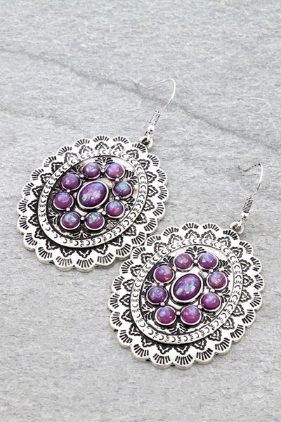 Western Concho with Opal Stone Dangle Earrings-purple