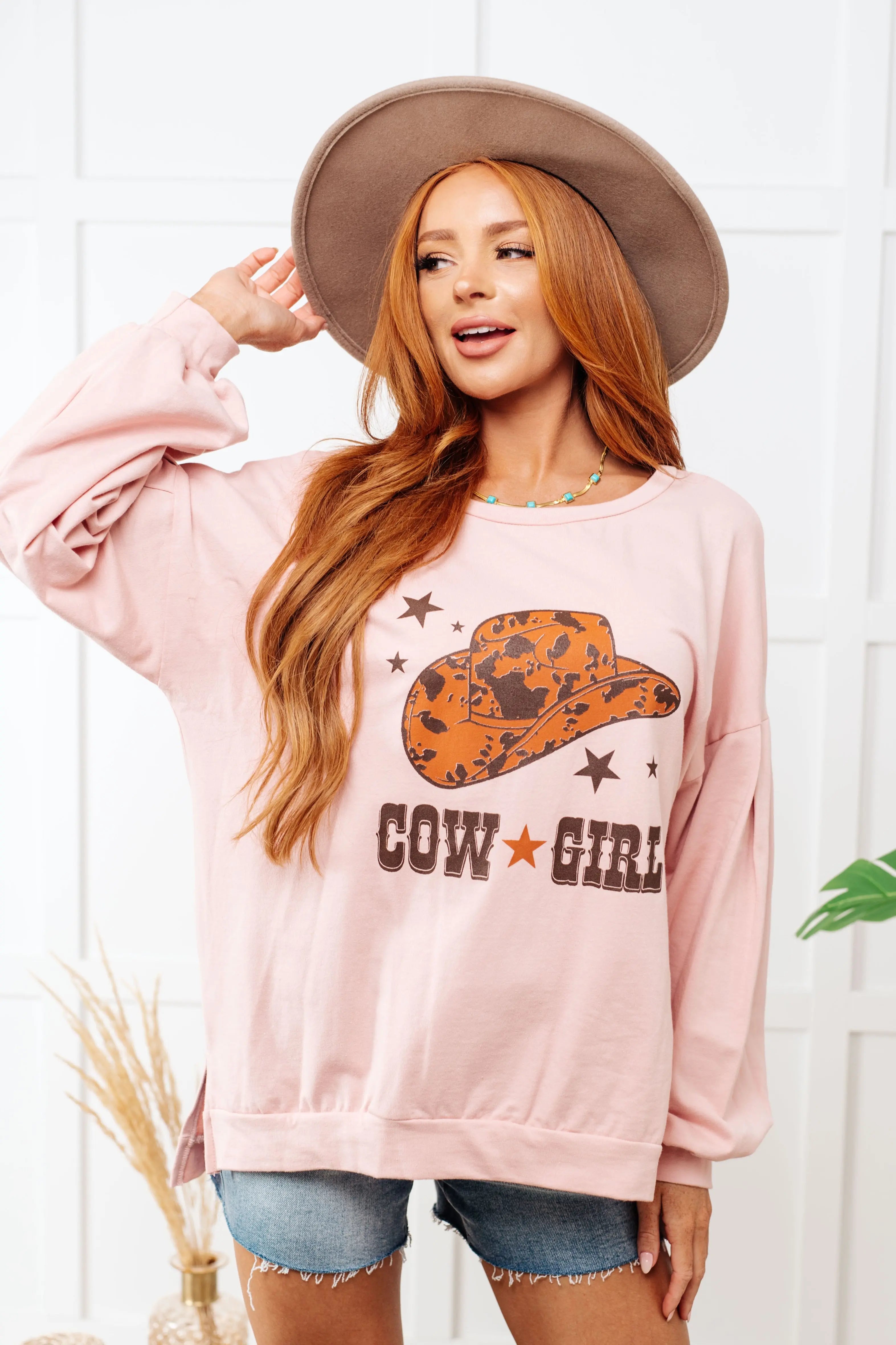 Cow Girl Graphic Pullover in Dusty Pink Ave Shops