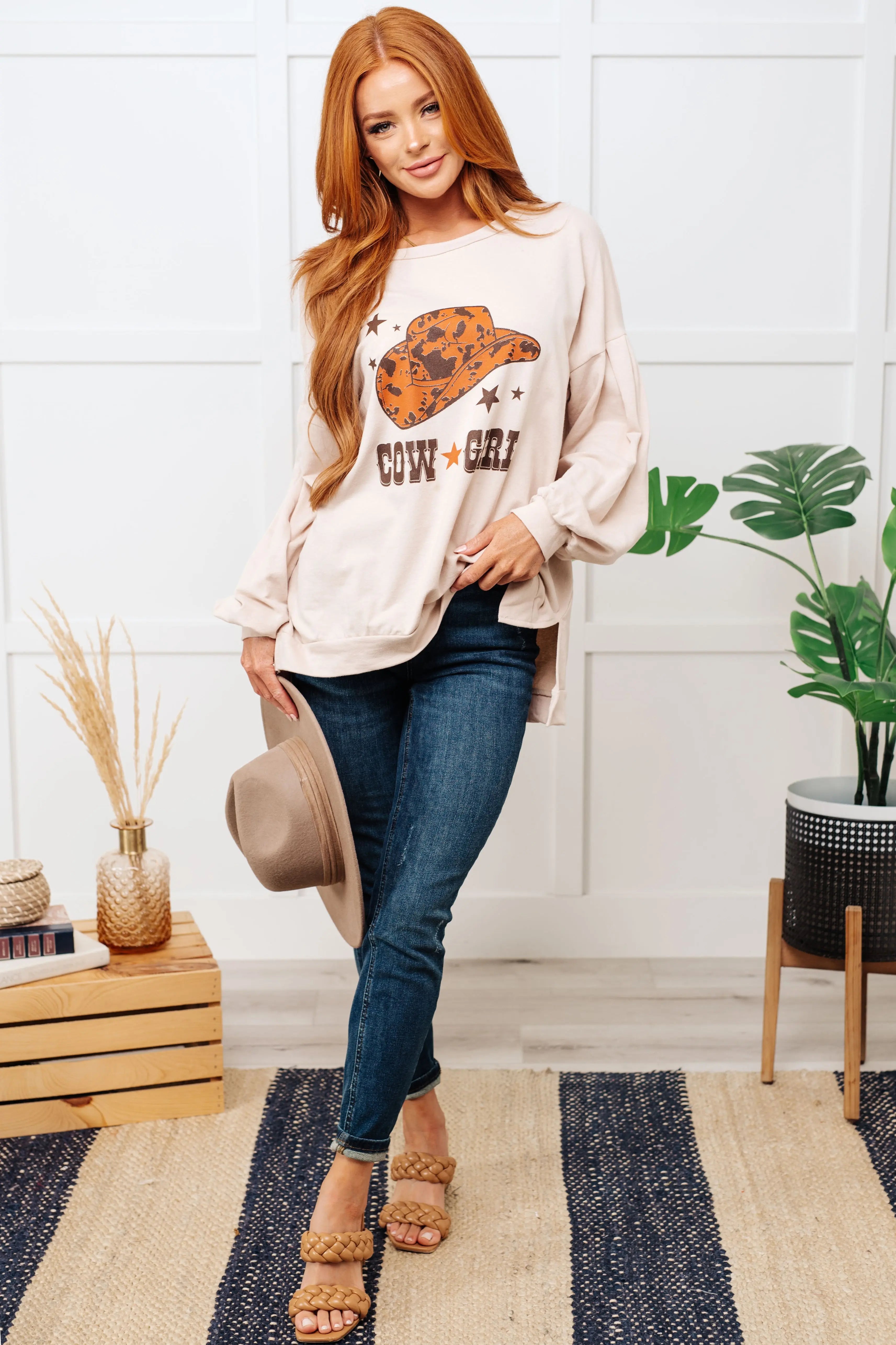 Cow Girl Graphic Pullover in Stone Ave Shops