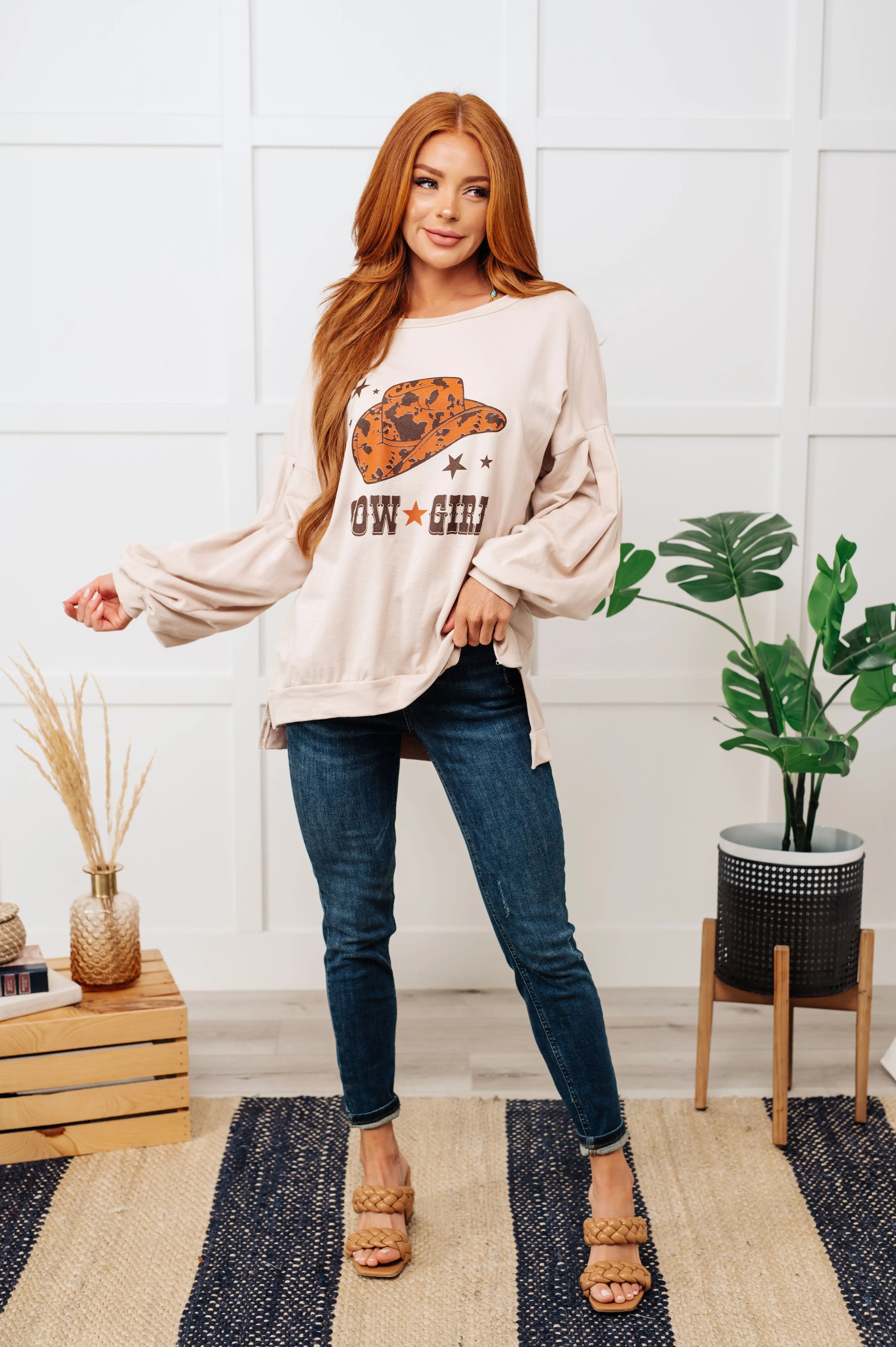 Cow Girl Graphic Pullover in Stone Ave Shops