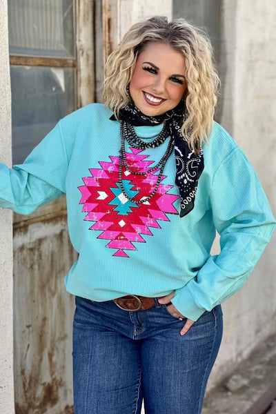 Poppin' Pink Aztec Beach Mint Corded Top