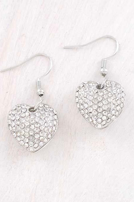 Silver Rhinestone Heart Dangle Earrings