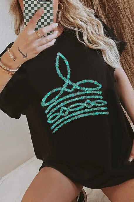 Turquoise Jeweled Boot Stitch Tee