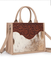 Trinity Ranch Hair On Cowhide Floral Tooled Concealed Carry Tote/Crossbody -Tan