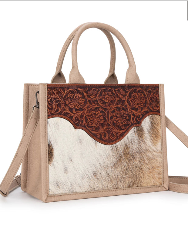 Trinity Ranch Hair On Cowhide Floral Tooled Concealed Carry Tote/Crossbody -Tan