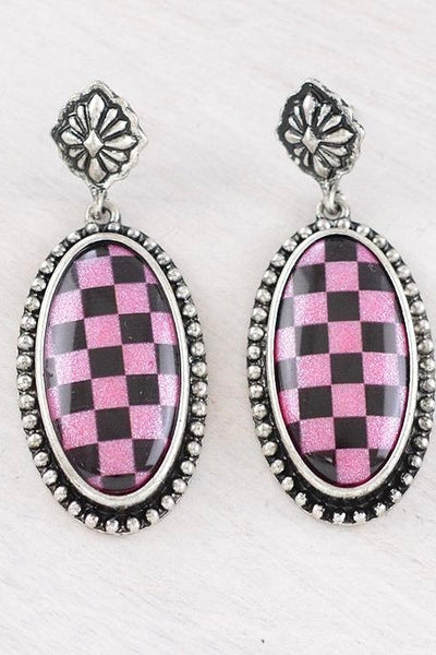 Checkered Oval Dangle Earrings-PINK