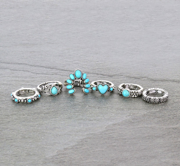 6Pc Western Design Stone Stretch Ring Set