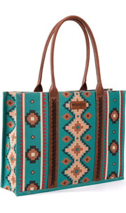 Wrangler Turquoise Aztec Print Canvas Leather Handled Tote Bag