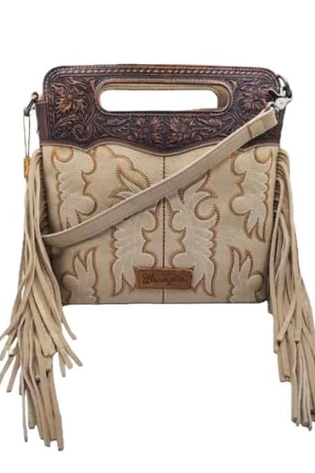 Wrangler Top Handle Embroidered Fringe Mini Tote/Crossbody- TAN