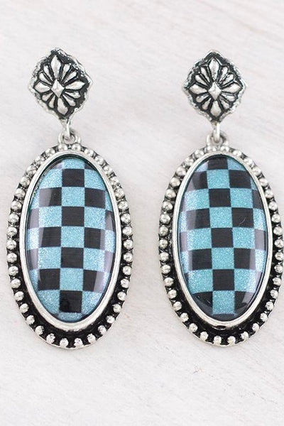 Checkered Oval Dangle Earrings-TURQ