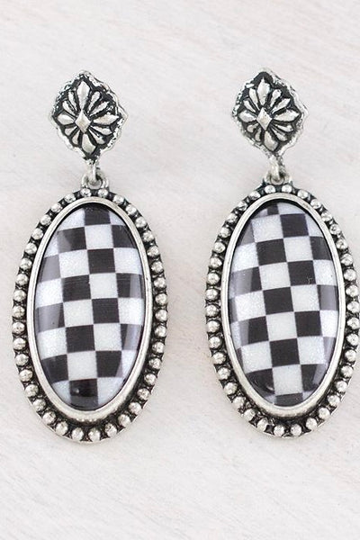 Checkered Oval Dangle Earrings- Black/White