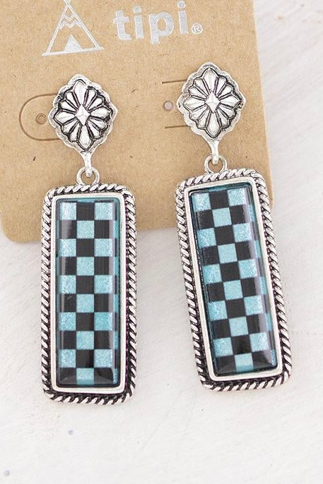 Concho Post Checkered Earrings- TURQUOISE