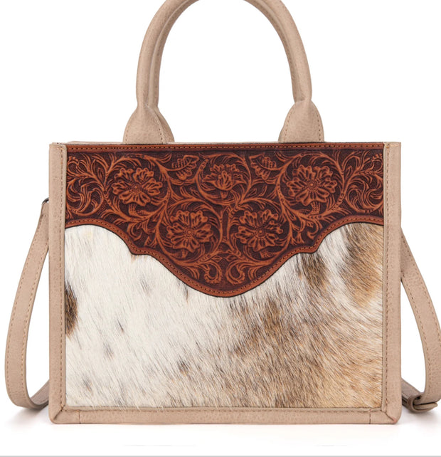 Trinity Ranch Hair On Cowhide Floral Tooled Concealed Carry Tote/Crossbody -Tan