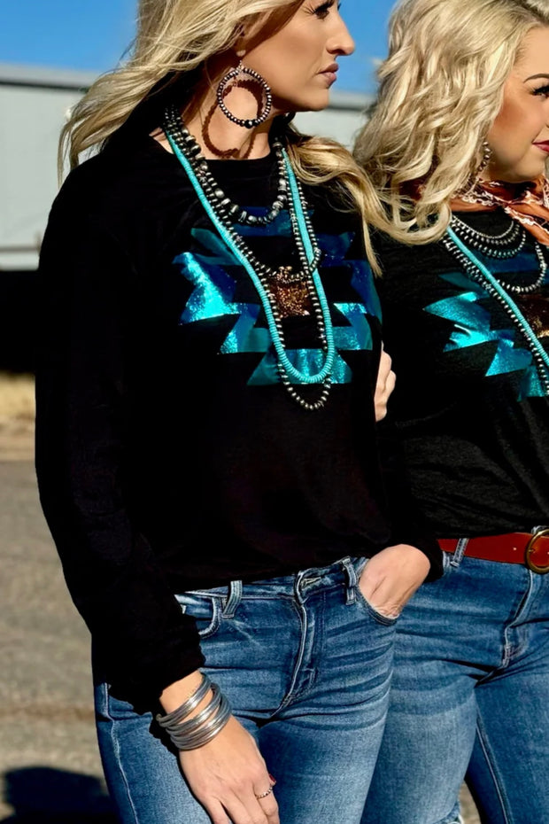 Durango Aztec In Turquoise And Copper Foil Long Sleeve