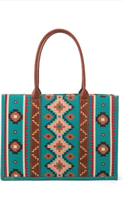 Wrangler Turquoise Aztec Print Canvas Leather Handled Tote Bag