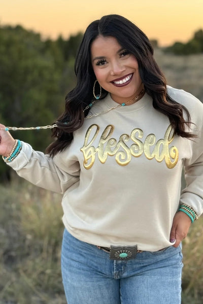 Blessed In Gold Metallic Puff Sweatshirt