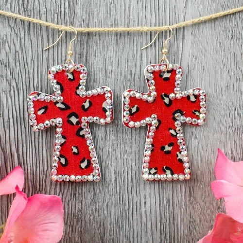 Red Rhinestone Cross Earring