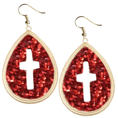 Red Glitter Cross Earrings