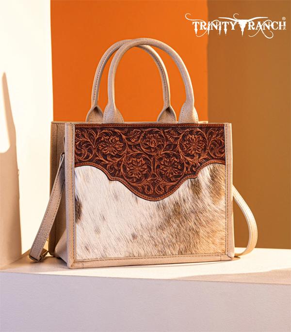 Trinity Ranch Hair On Cowhide Floral Tooled Concealed Carry Tote/Crossbody -Tan