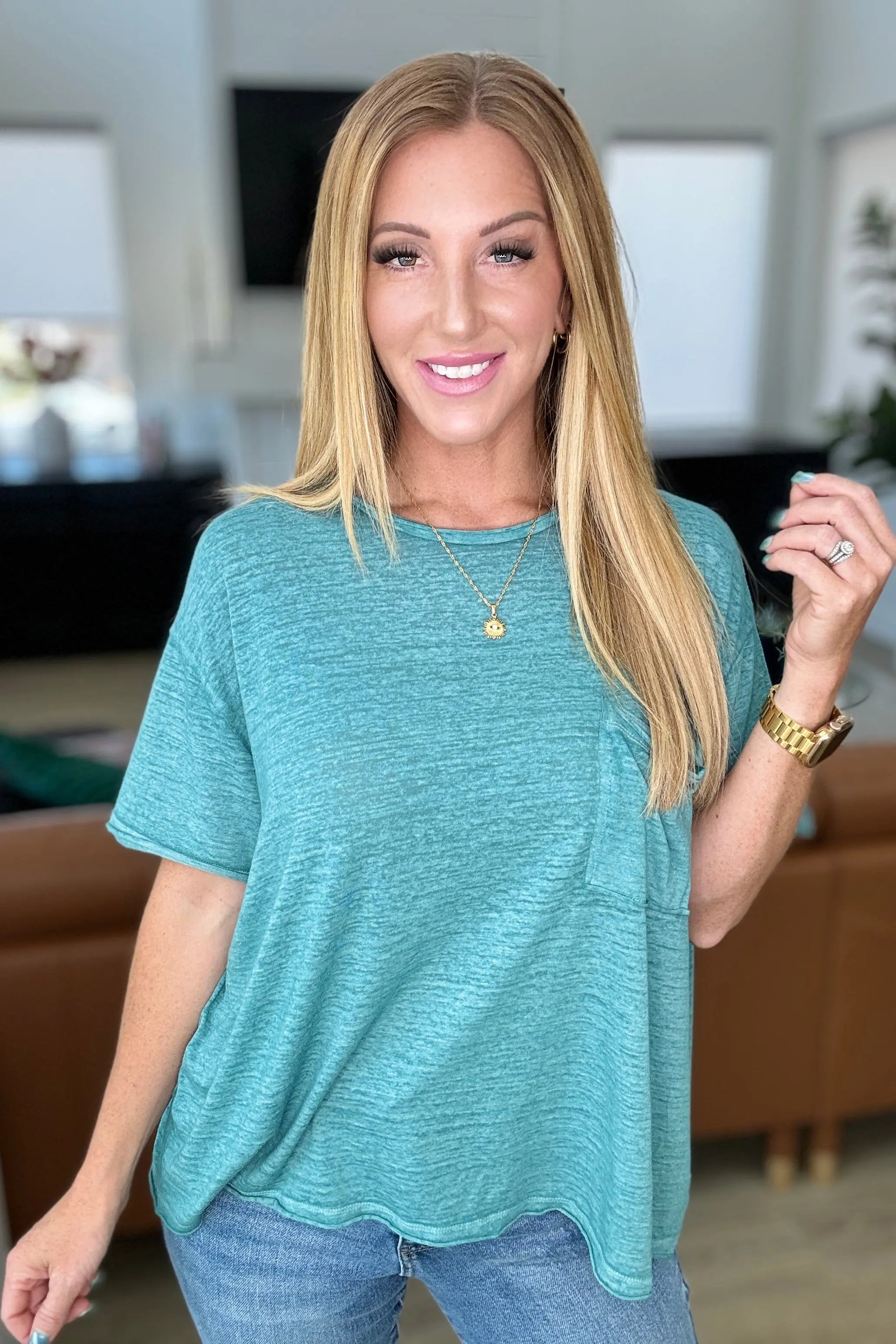 Close to Myself Patch Pocket Tee in Dusty Teal Ave Shops