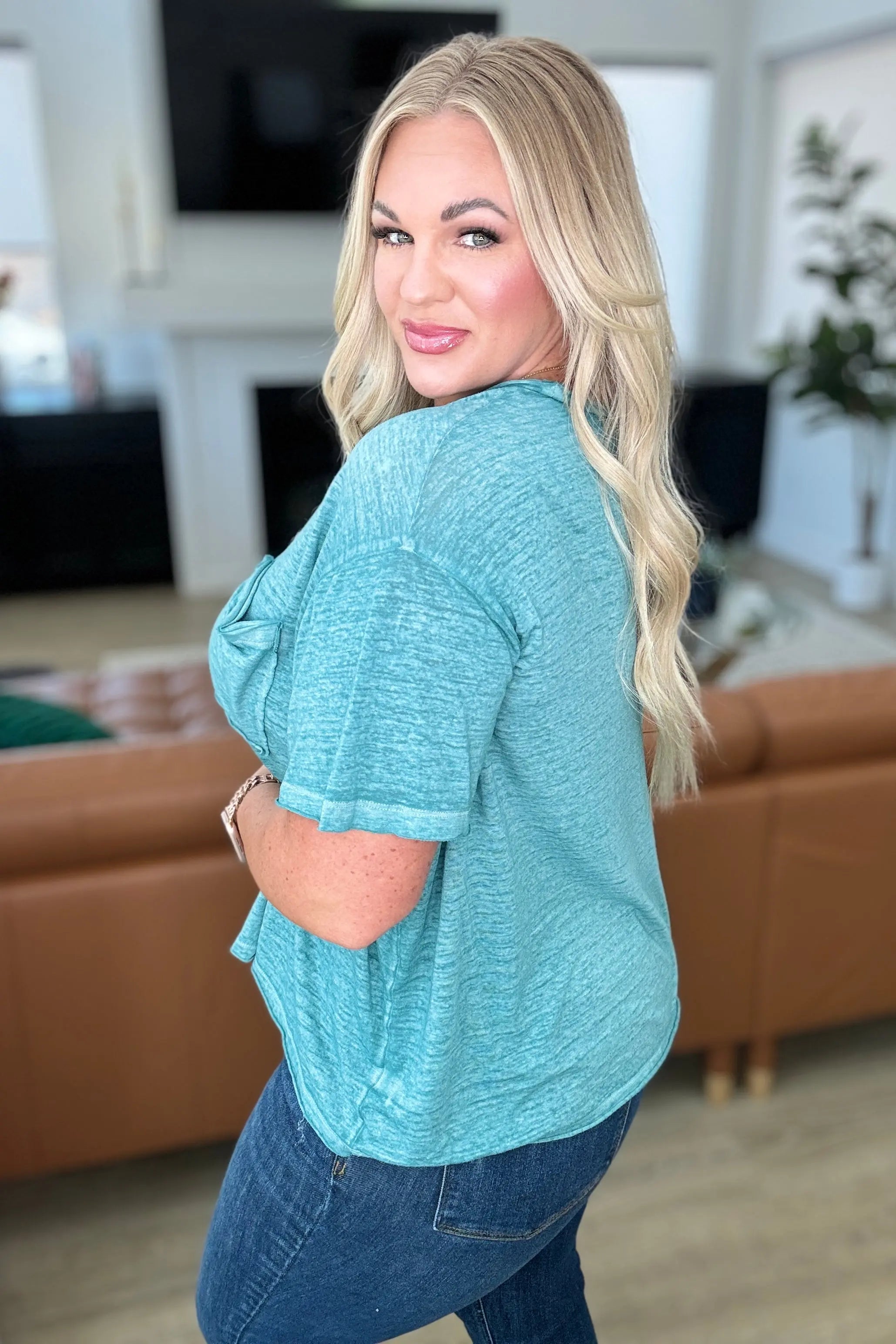 Close to Myself Patch Pocket Tee in Dusty Teal Ave Shops