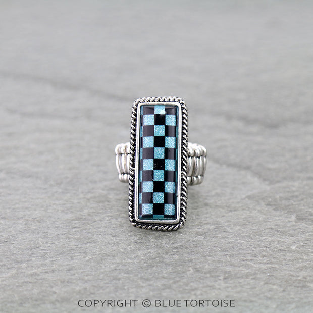 Western Checker Bar Stretch Ring- TURQ