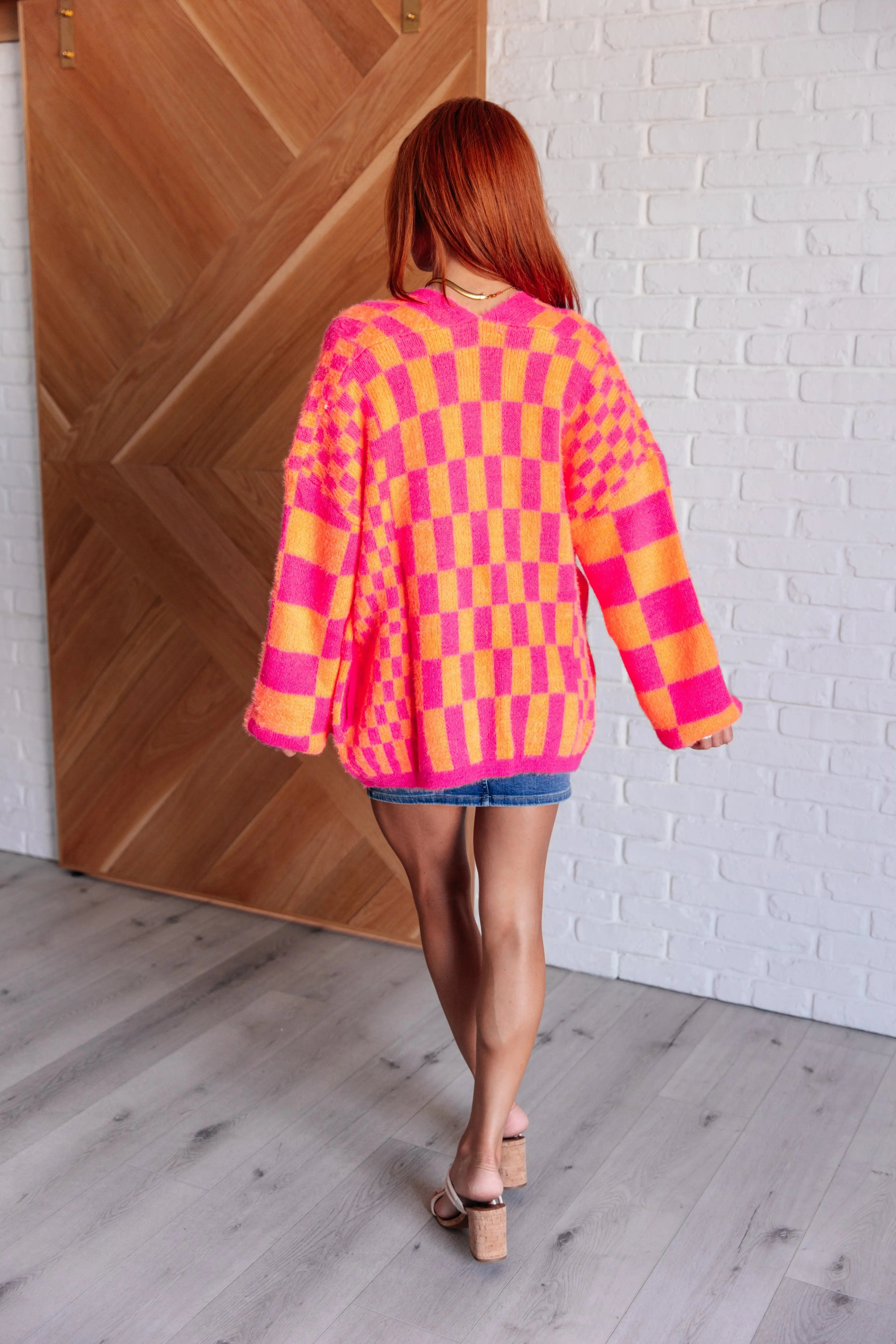 Noticed in Neon Checkered Cardigan in Pink and Orange Ave Shops