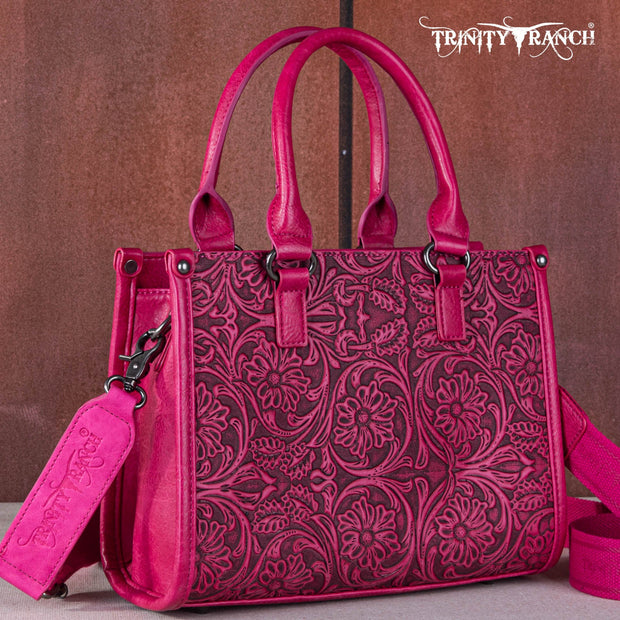 Trinity Ranch Floral Tooled Concealed Carry Tote/Crossbody- NEON PINK