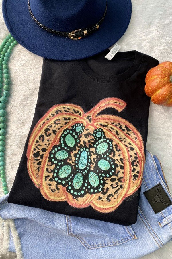 Turquoise Leopard Pumpkin Tee- BLACK