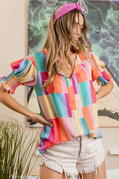 BiBi Color Block Smocked Short Sleeve Blouse