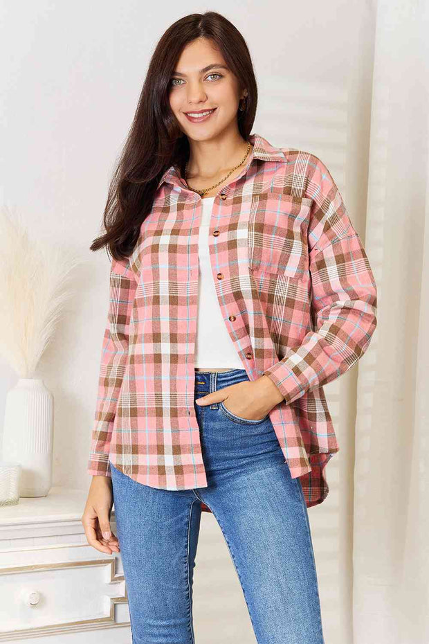 Double Take Plaid Collared Neck Long Sleeve Button-Up Shirt