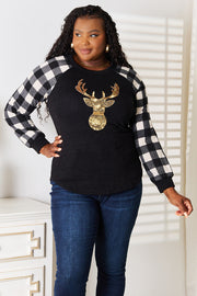 Heimish Full Size Sequin Reindeer Graphic Plaid Top