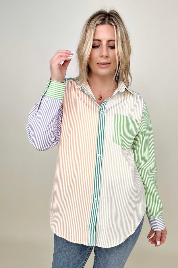 Davi & Dani Multicolor Mixed Stripe Button Front Top