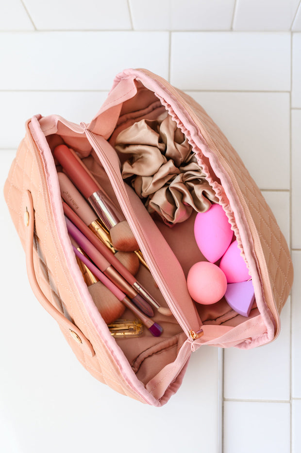 Large Capacity Quilted Makeup Bag in Pink