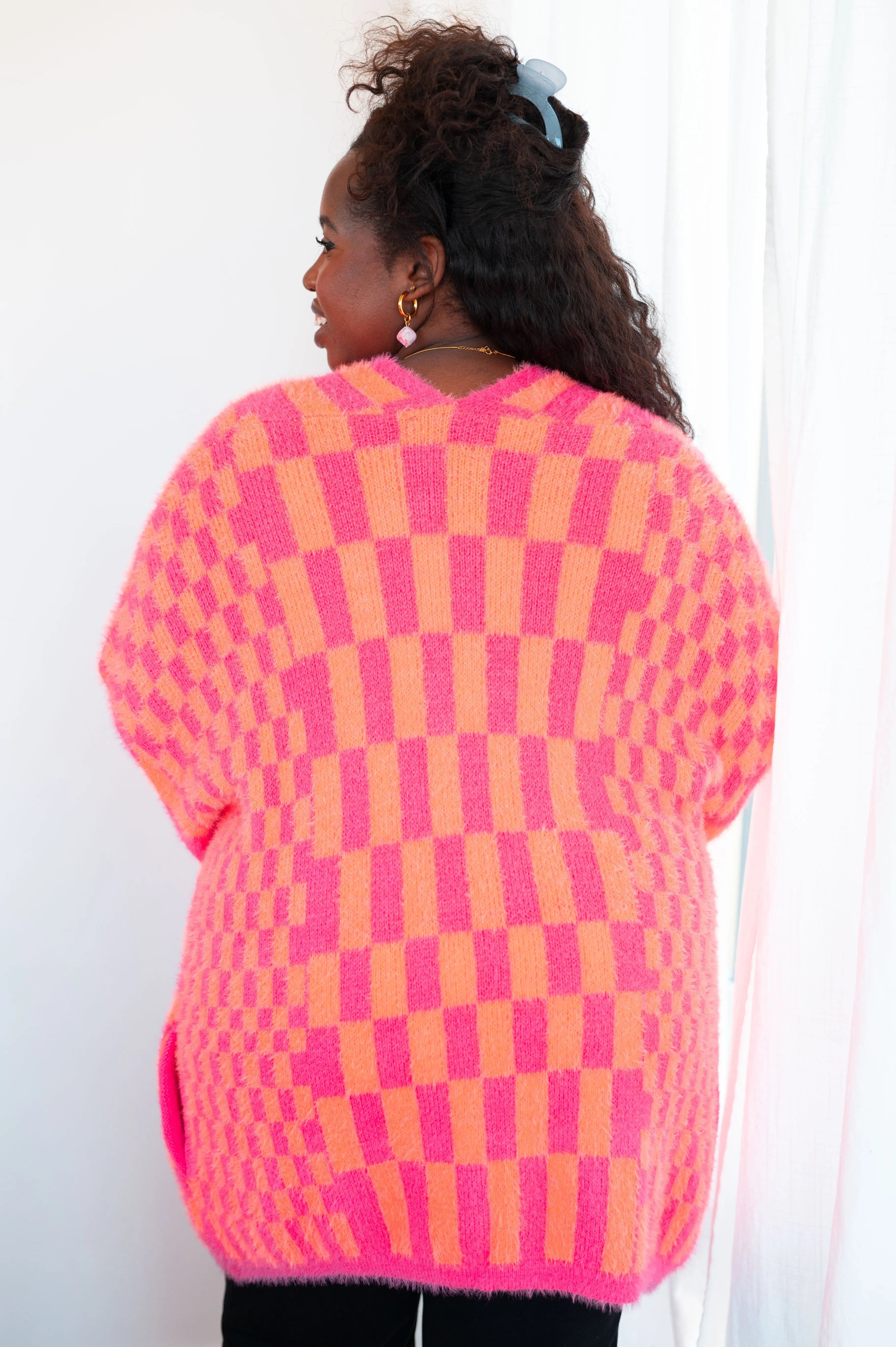 Noticed in Neon Checkered Cardigan in Pink and Orange Ave Shops