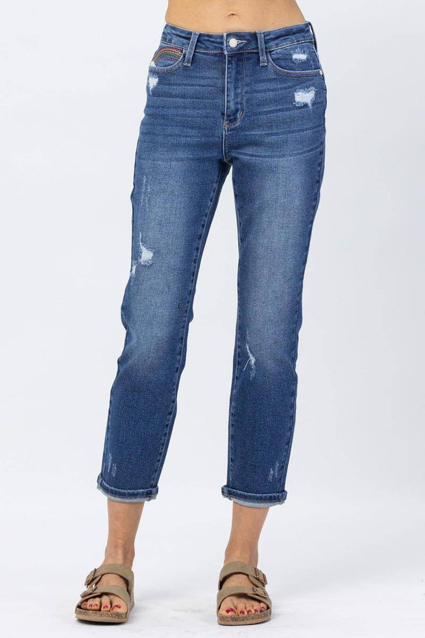 Judy Blue High Rise Rainbow Embroidery Cropped Straight Leg Jeans